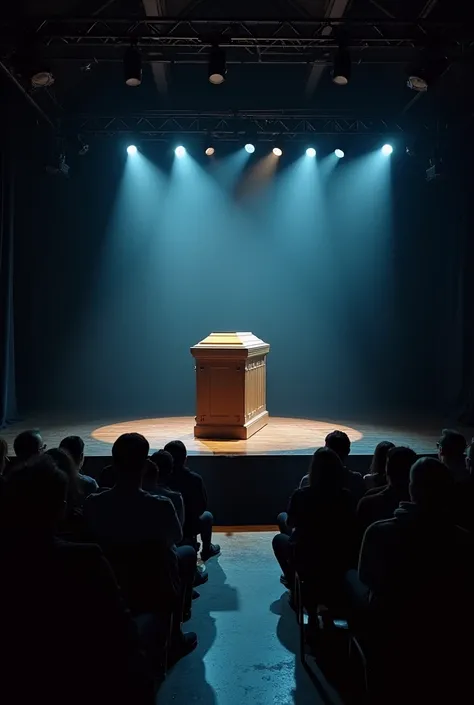 " A modern talent scene with bright lights , An audience sitting in the dark ,  and a simple wooden coffin in the center of the stage , Illuminated by a projector.  The ambiance is both surprising and slightly comical.