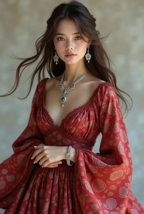 A beautiful gorgeous brown haired fair skin  woman with silver jewelries, very wide and long closed tent dress with dark red ikat patterns and bell sleeves, 