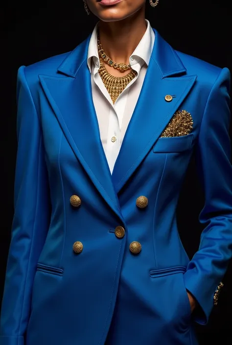 Electric blue suit and white shirt and gold dots with gold michi necklace without body or mannequin only the top black background
