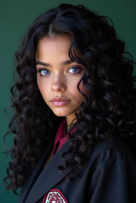 young woman with violet eyes colour, beautiful eyes, galaxy eyes, latina skin, slightly olive skin, light eyes, Eyes with a mixture of purple and blue, curly black dark hair colour, long curly hair, one White colour streak in hair, Slytherin uniform 