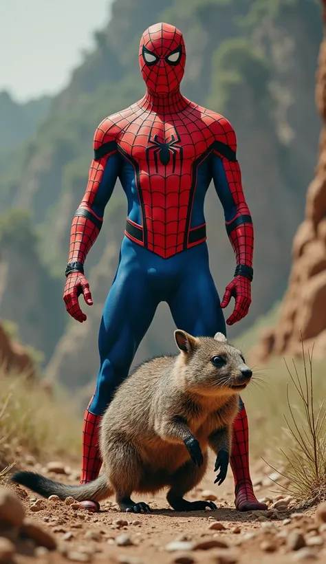 "separating hybrids: In a single frame, position Spiderman and a Wombat as distinct, separate entities, ready to merge into ""WombatSpide."" Spiderman stands in his red and blue suit, poised for action, with webs extending from his wrists. The Wombat, low ...