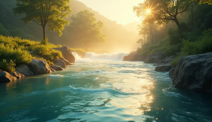  A serene landscape with a gently flowing river , but now with a major change ,  with the waters becoming clearer and more intense as the Holy Spirit removes a dam.  The image symbolizes spiritual transformation ,  with the water reflecting soft golden lig...