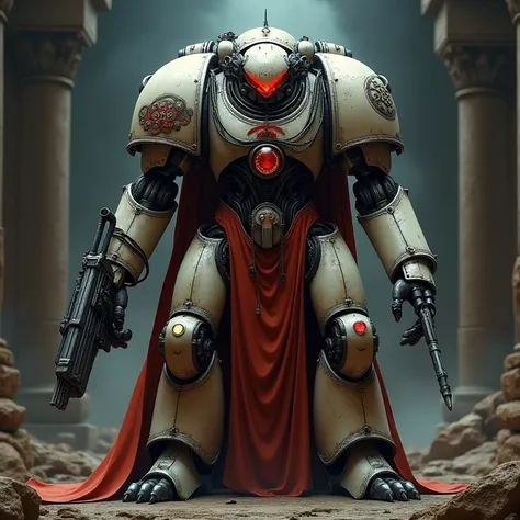 killer robot, slim body, body of iron, cables, mechanical eye, red and white clother, tunic, metal claws and guns, dark temple, mechanicus