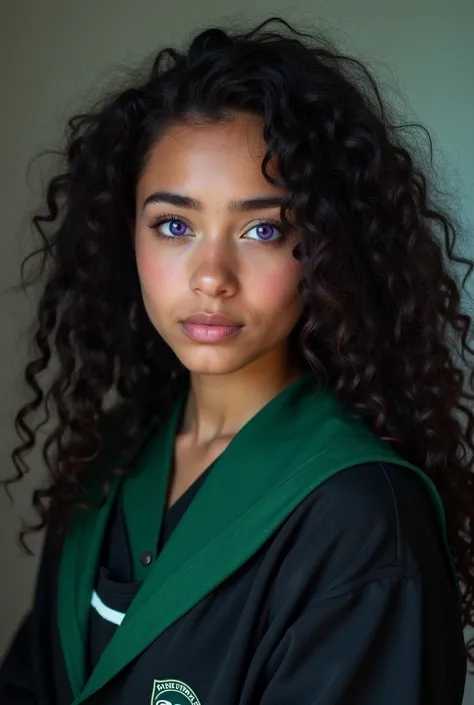 young woman with violet eyes colour, beautiful eyes, galaxy eyes, Light eyes with a mix of blue and purple latina skin, slightly olive skin, curly black dark hair colour, long curly hair, one White colour streak in hair, Slytherin uniform 