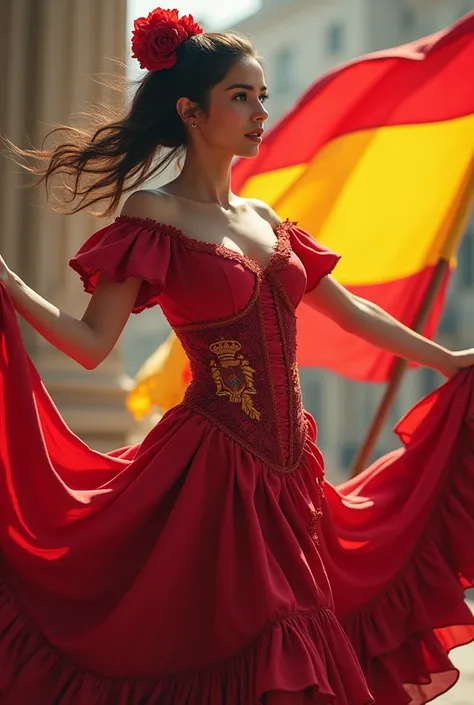 Play an adult Spanish girl with her hair tied back and in her flamenco dress and with the Spanish flag

