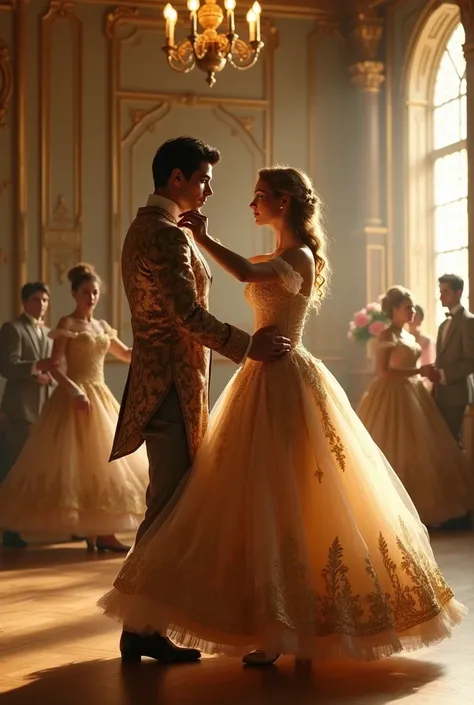  Could you create a video for me of princes and princesses at a Victorian-era dance where they dance to the beat of the music? Whose clothing is gold ?