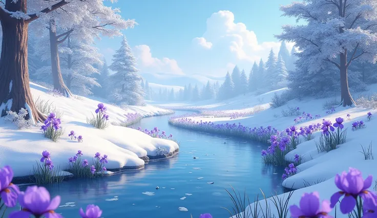 o Snow-covered natural landscape ,  a composition that represents the essence of this beauty .  A river of irises flowing slowly among the yellowing snowflakes.  Draw in animation style but realistic.