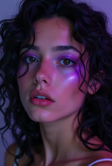  young woman with violet eyes , beautiful eyes,  galaxy eyes ,  light eyes with a mix of Latin blue and purple skin,  slightly olive skin ,  curly dark black hair ,  long curly hair , a white streak in the hair