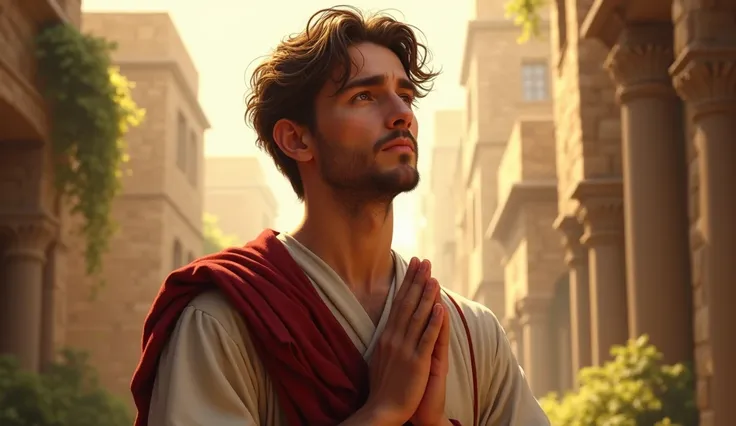 "REALISTIC ART,  a young Stephen with a serene face full of faith , with hands together in prayer.  He is in an environment illuminated by a soft heavenly light , symbolizing your connection to God. In the background, an ancient city,  with historical deta...