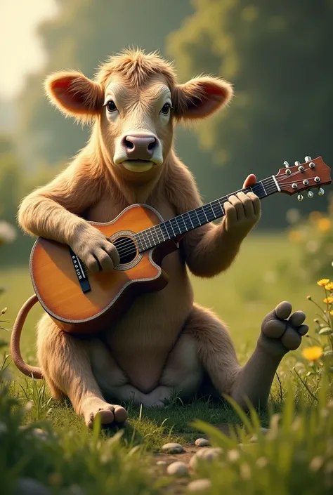 Make a cow with comically large human feet playing the guitar. Also make it hyper realistic 