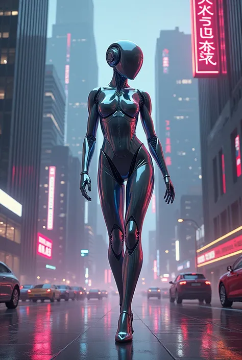 Cityscape in the style of delicate chromatics, futurist body, pulp comics, robotic, mercuria, cyberpunk realism, android, chroma, metalic, metal skin, hyperrealistic painting, full body, fullshot, futuristic 