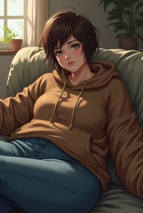 Short brown hairs, laying on couch, looking annoyed, like if she wanted to not be here, oversized brown hoodie and jeans, she have big thights, her eyes are green