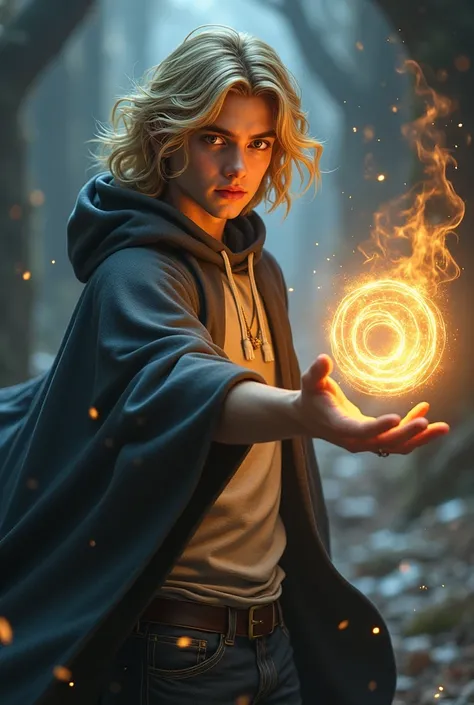  is a young guy with long wavy blond hair.  brown eye . wearing a hoodie and a cloak behind him .  in my hand I pointed.  , a magic spell circle next to .