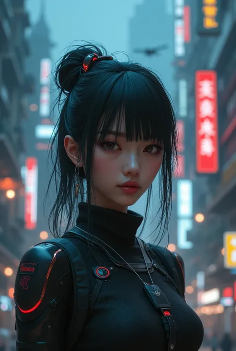 A beautiful technological Asian girl in a cyberpunk-style city with a horror tone