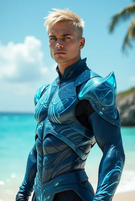 Male, pale white skin, short blonde hair, fit, green eyes, strong, black eyeliner. Beach background. Wearing glowing neon blue holographic armor. Martial arts stance. 