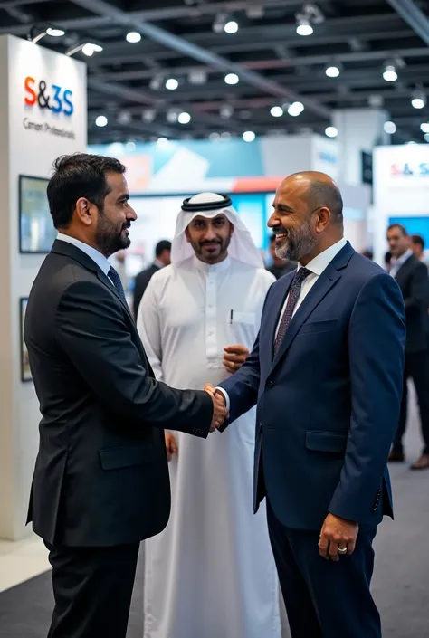 A Pakistani manager of S&S Cement Professionals shaking hand with arab executives at S&S Cement Professionals exhibition stall