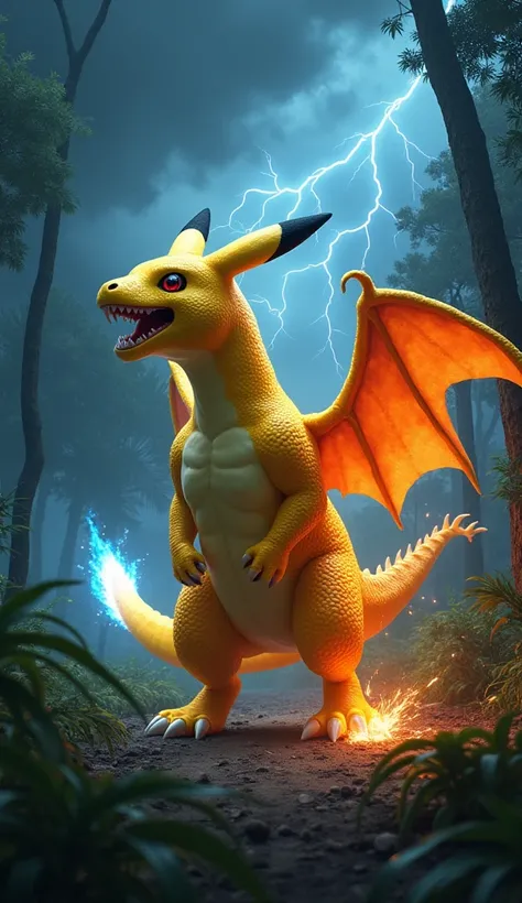 In the same jungle, now enveloped in a dark storm, a terrifying hybrid creature emerges: the fusion of Pikachu and Charizard. Its muscular, reptilian body is covered in bright yellow fur interspersed with shimmering orange scales. Large torn wings extend f...