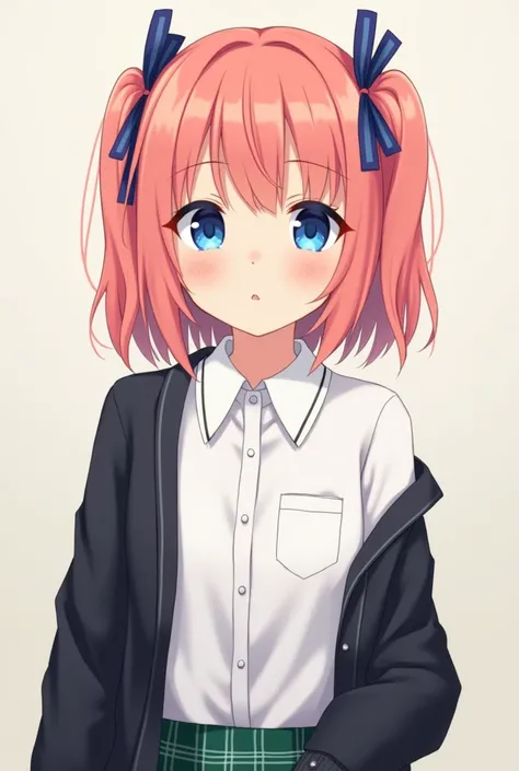  Create me an anime girl with short long and straight salmon pink hair with two dark blue ties in the form of a dark blue color,  blue eyes, school uniform consisting of a white blouse with a ,  collar a green plaid skirt and an open black sweater  