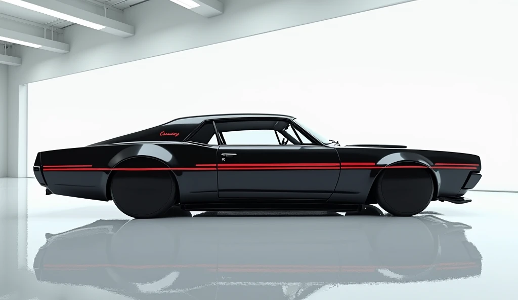 "A side view of a highly modified classic Mercury Cougar with a stunning design, now in a glossy, jet-black finish. The car features bold modifications that emphasize its aggressive and futuristic look. Thin red lines run horizontally along the sides of th...