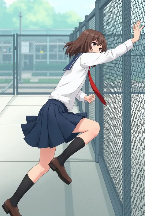 namei in his school uniform climbs over the fence ,  but her skirt caught on the top of the fence and it hung