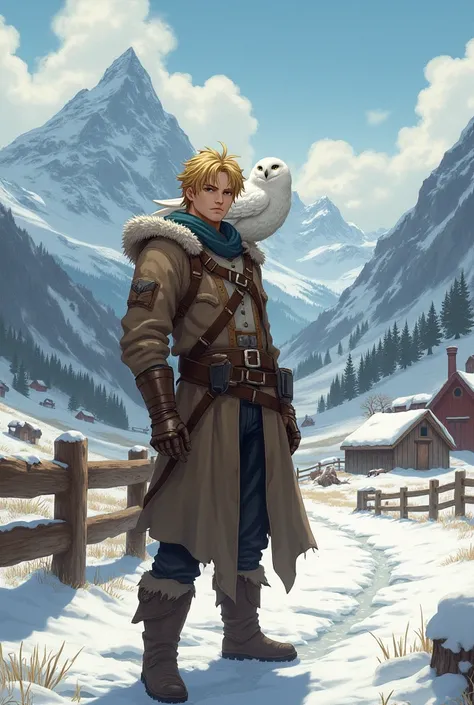 Jaune Arc from RWBY reimagined as a rancher with a snowy owl companion. 