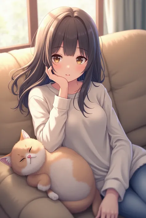 anime girl sitting on couch with ragdoll cat, her head resting on her hand