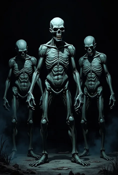 Standing Zombies , ( gray skin and no hair).  Black horror background . comic