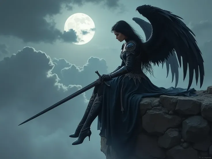 Women,  dark hair (negro),  fallen angel wearing black armor with silver details, long dark sword ,  sitting on the edge of a dark stone precipice,  watching the clouds on the horizon , under the moonlight,  big wings