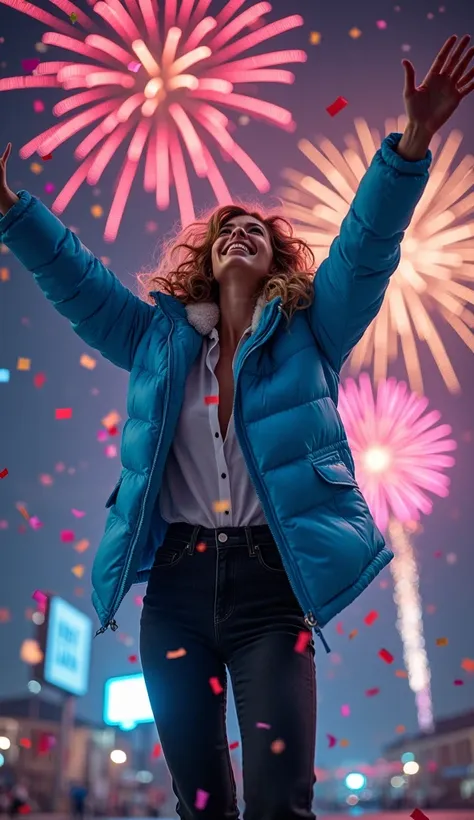 DISCREET image. with discreet casual clothes. image adult woman, american, comic book style. cheerful. Dressed in a vivid blue jacket and black pants, she’s playfully jumping in the air with her arms raised, catching colorful confetti falling from above. T...