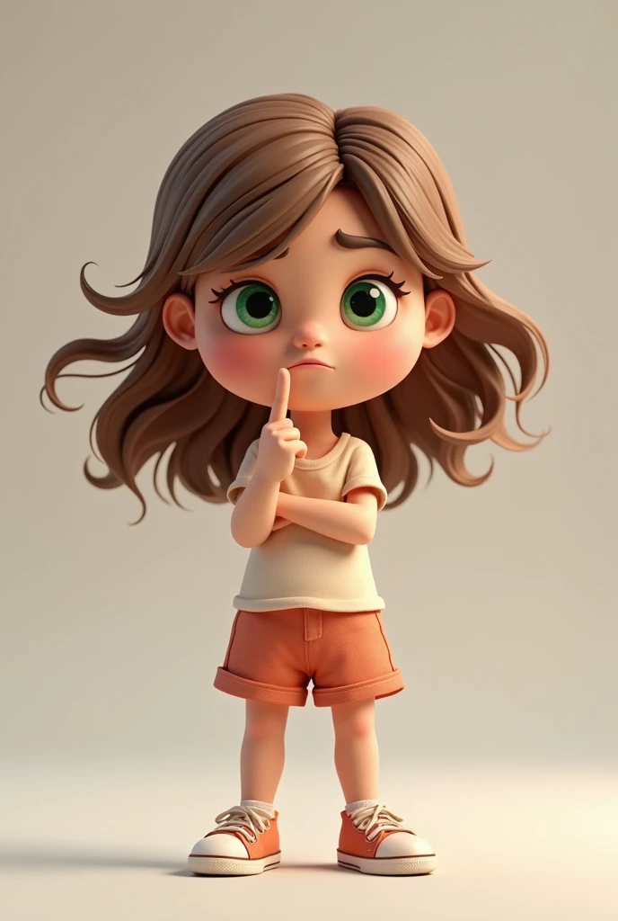 Create an image cartoon 3d of a baby girl 5years old with a mad face and giving middle finger with brown hair and green eyes