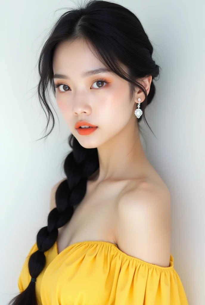 A beautiful Chinese female model with black hair. She is twenty years old with a Chinese face. She is wearing a luxurious soft yellow cold shoulder dress, brown eyeshadow, and soft orange lipstick. She has a quiet, indifferent, and stern appearance without...