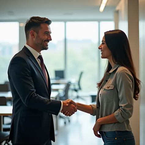 Create the image of a man shaking hands with a person dressed in casual attire, For the agreement made .  in a place where there is light and clarity  