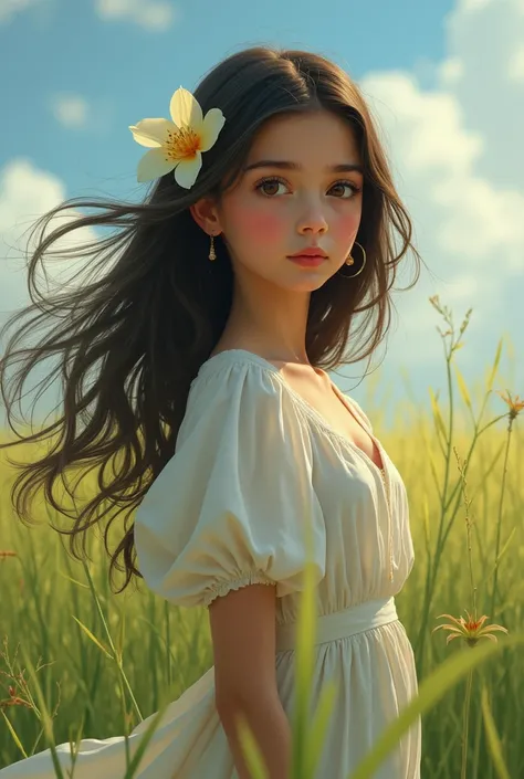 1 girl,  alone ,  Masterpieces,  high quality , Upper part, Grassland, Look at the audience, Aisha Altugel, flower, hair flower,  simple background, 