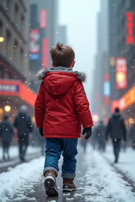 Generate a high quality 3D image:A boy wearing red jacket and blue pant and walking in the city and snow falls in the city 