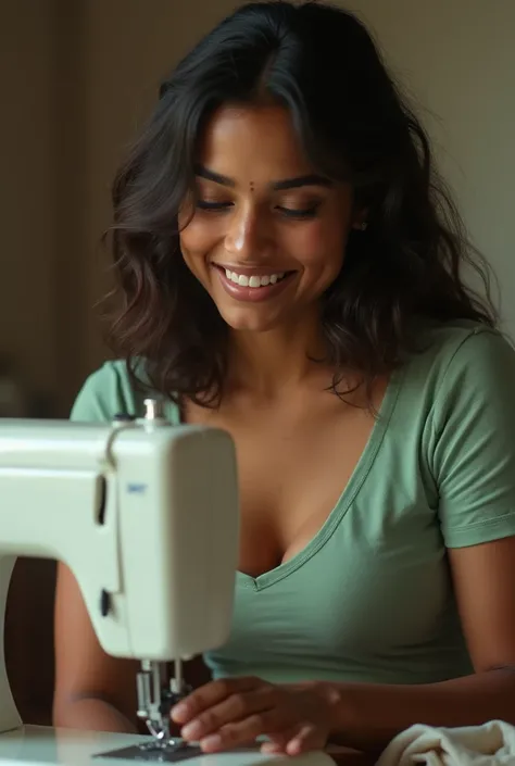 A srilankan sexy girl with a slightly larger breast that is happily sewn in a sewing machine should be dressed in a light green tshart
