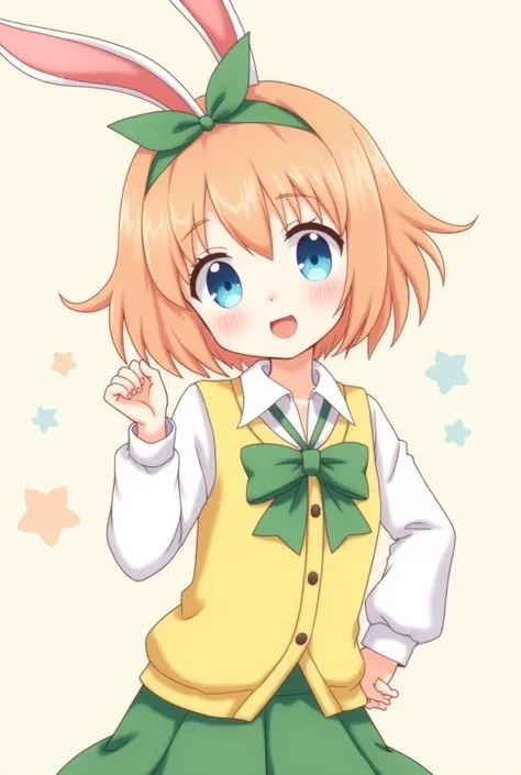  Create me an anime girl with short pale orange hair adorned with a green ribbon in the shape of rabbit ears,  blue eyes, school uniform consisting of a white blouse with a , a green skirt and a yellow vest sweater with a green bow tie  