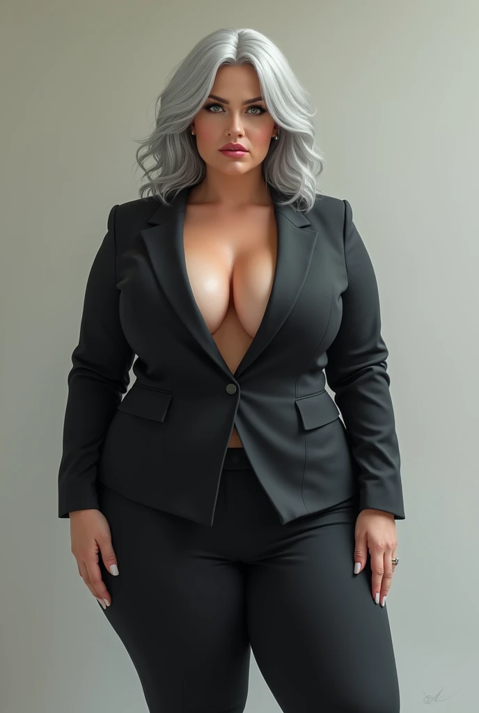 Mature woman silver hair .  Curvy body big breasts wide hips .  thick legs .  Low-cut tailoring suit penetrating look thick lips