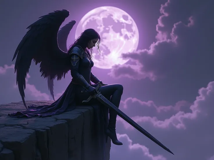 Women,  dark hair (negro),  fallen angel in black armor with silver details,  long dark sword draped on one of its shoulders,  sitting on the edge of a dark stone precipice, seeing the clouds on the horizon , Under the moonlight big ,  big wings, purple mo...