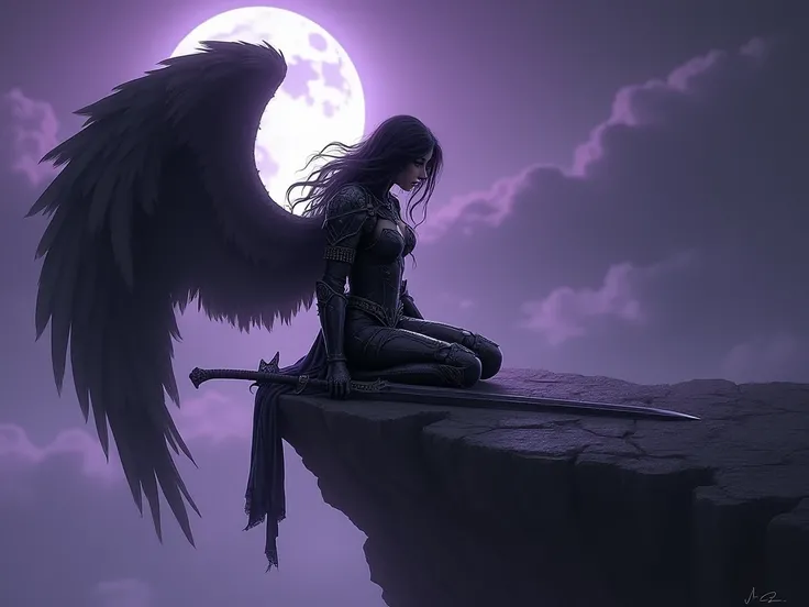 Women,  dark hair (negro),  fallen angel in black armor with silver details,  long dark sword draped on one of its shoulders,  sitting on the edge of a dark stone precipice, seeing the clouds on the horizon , Under the moonlight big ,  big wings, purple mo...