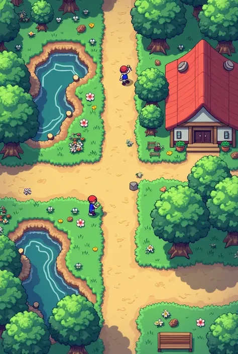 Create a detailed 8x8 and 16x16 pixel art tileset for a GBA-style map of an enhanced Pallet Town. The tileset should reflect the following features:

Grass: Use various shades of green with small flowers scattered in the corners. Some grass tiles should va...