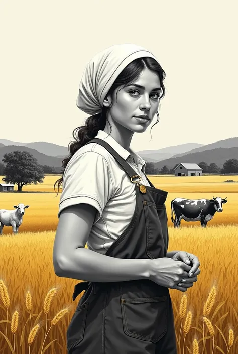  Black and white illustration , , made in a detailed style .  The foreground depicts a female agricultural worker with an energetic and purposeful pose.  x} Her face expresses hard work and calm .  It has simple work clothes , partially colored : white hea...