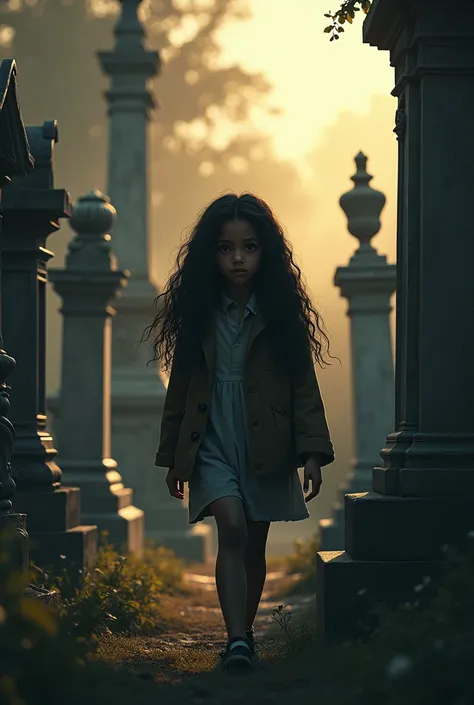 Long-haired black girl at a cemetery during the day she looks scared