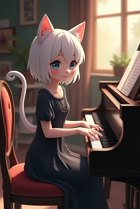 a cute teen female white cat black dress, blue eyes, read lips, seated in the chair playing piano smiling in the show