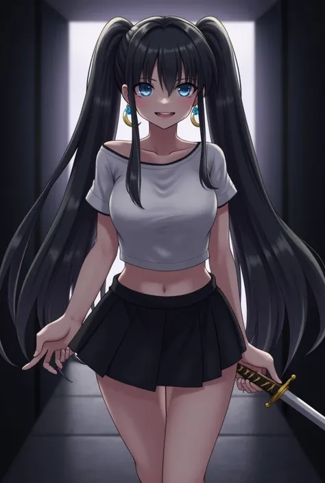  1 girl,  high resolution,  best quality,  black hair ,  black hair ,  double ponytails,  Very long hair,  big breasts,  crystal earrings ,  crescent earrings , Grin,  devilish smile , Yandere,  blue eyes  , Dark Hallway , katana , Miniskirt , crop top , r...