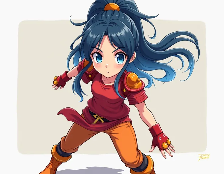 an anime girl with long dark blue hair wears a large short upward ninja tail and a quiff her hair at the back is short, blue eyes red t-shirt red and orange shoulder armor orange and red waist armor orange pants red gloves boots orange and yellow