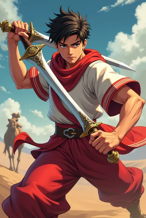 Young man with two daggers clothes red and white camel anime 