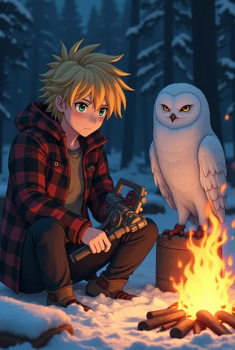 Jaune Arc from RWBY wearing  a flannel jacket sharpening an axe-gun with a snowy owl companion in front of a campfire at night as he prepares for battle.