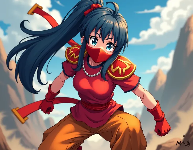 an anime girl with long dark blue hair wears a large short upward ninja tail pointing up and a quiff her hair in the back is short, blue eyes red t-shirt red and orange shoulder armor orange and red waist armor orange pants red gloves orange boots and yell...