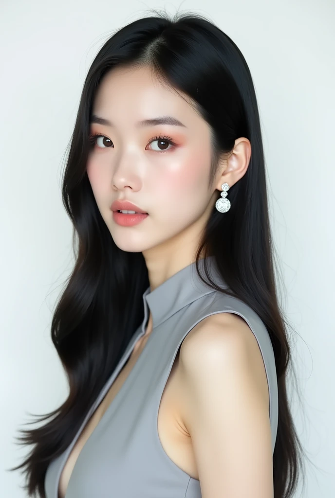 A beautiful Chinese female model with black hair. She is twenty years old with a Chinese face. She is wearing a luxurious light grey keyhole dress, brown eyeshadow, and nude lipstick. She has a quiet, indifferent, and stern appearance without a smile and a...