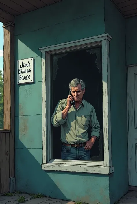 There is a man inside a building. We can see him through a window. The building has a sign on it, 
that says “Jim’s Drawing Boards”. The man is on the phone, and he looks distressed.